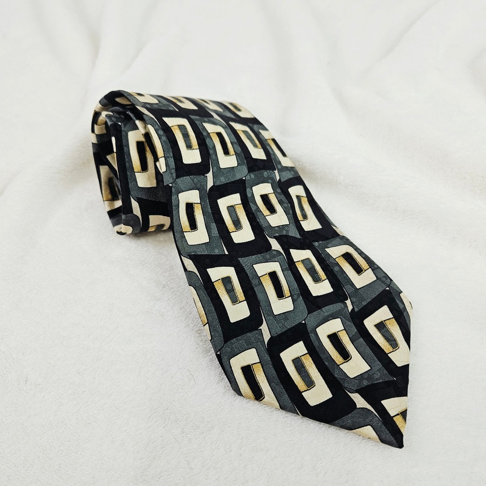 Cellini Linea Uomo Mens Silk Tie Geometric Block Black Grey Cream Gold USA Made
